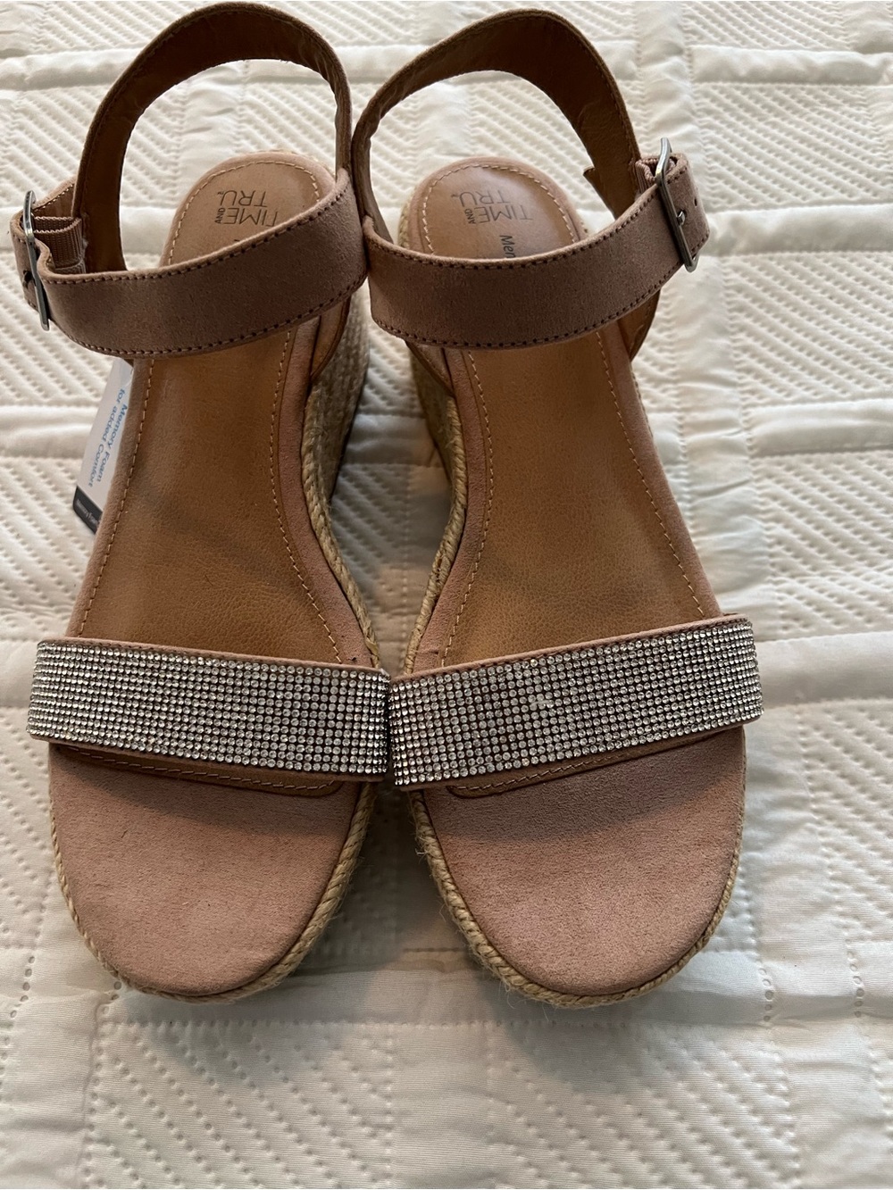 Time and Tru Blush Rhinestone Espadrille Wedge Sandals